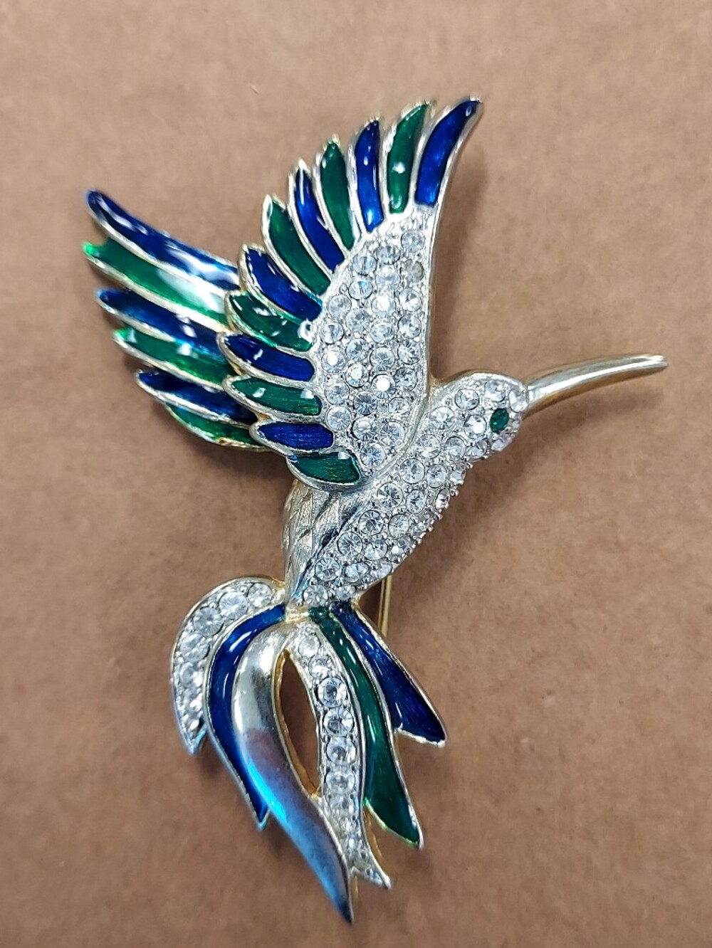 Sparkling Hummingbird Bird Brooch - Blue & Green